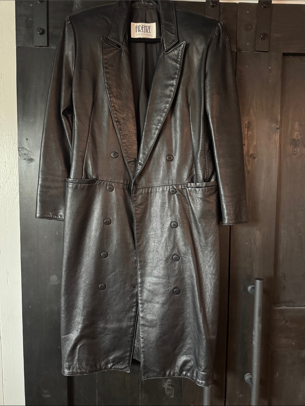 Firenze Santa Barbara Leather Double-Breasted Black Trench Coat